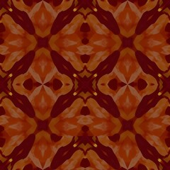 Symmetrical abstract pattern with flowing brushstrokes in warm earth tones deep red orange and light beige