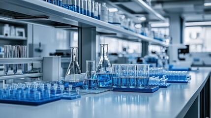 Laboratory workbench with various blue liquid-filled glassware