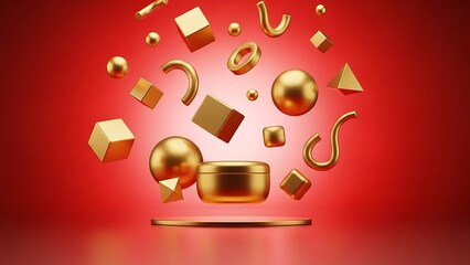 Golden 3D Shapes Floating Above Platform.