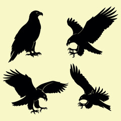 Fototapeta premium Eagle vector illustration featuring black silhouettes of flying birds with detailed wings and feathers for wild animal nature tattoo design