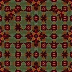 Abstract repeating geometric floral pattern with dark red and green tones design