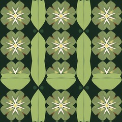Stylized green floral pattern with repeating symmetrical elements on a dark background
