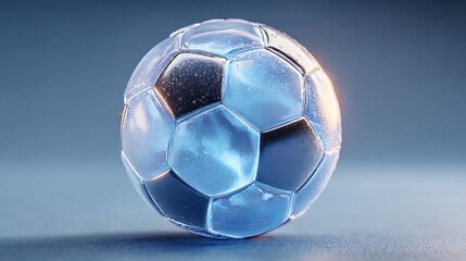 A translucent soccer ball with a glowing effect isolated on a blue backdrop