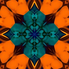 Abstract symmetrical pattern with teal blue and orange hues forming a floral like design