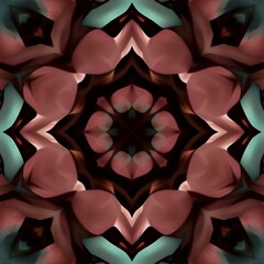 Abstract floral symmetry with soft pink petals and teal accents on a dark background