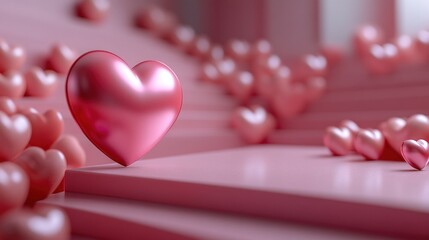 Pink heart on steps, surrounded by many smaller hearts