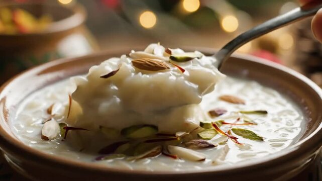 Close-up of creamy dessert topped with nuts and saffron strands served in a clay bowl