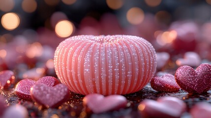 Pink heart-shaped object with glitter and bokeh