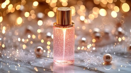 Pink perfume bottle on marble, holiday lights