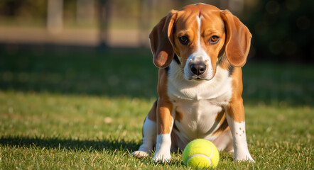 Beagle dog sitting on a green lawn with a tennis ball. Tricolor hound looking at camera in a park. Pet play and outdoor activity concept