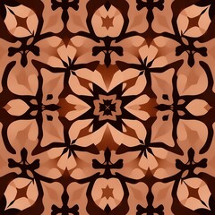 Fototapeta premium Intricate repeating floral symmetrical pattern with brown and beige gradient elements