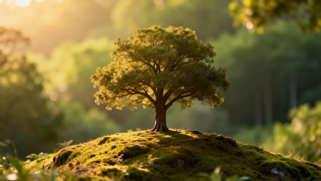 Solitary tree on mossy hill in forest - Powered by Adobe