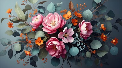 Elegant pink and orange blossoms with lush green foliage, a beautiful floral illustration perfect for Ramadan greetings and festive celebrations