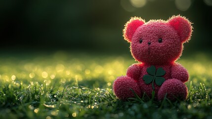 Pink teddy bear with clover on grass