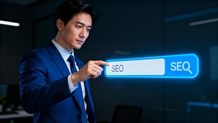 Man in suit interacting with SEO search bar