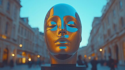 Polished head sculpture in city