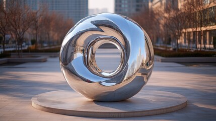 Polished metal orb sculpture in urban park