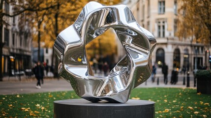 Polished metal sculpture in city park