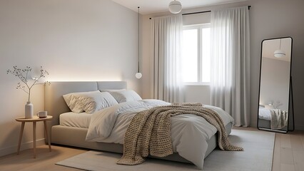 Fototapeta premium Serene Bedroom Interior with Soft Lighting and Minimalist Decor