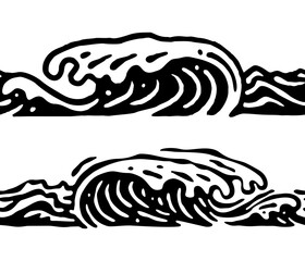Seamless Ocean Wave Border Vector in Vintage Woodcut Style
