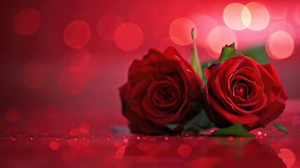 red roses, the symbol of love and romance with bokeh background for Valentine card wallpaper banner.	