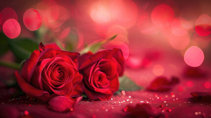 red roses, the symbol of love and romance with bokeh background for Valentine card wallpaper banner.	