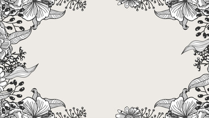 Black ink hand drawn floral frame with wildflowers and berries on light grey background © gegen