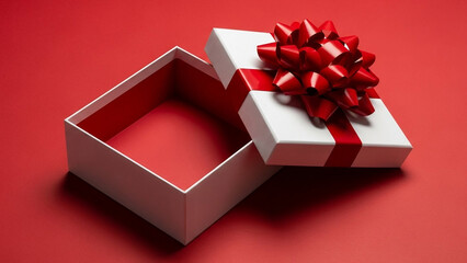 White gifts box, opened. Box with red ribbon isolated. Holiday decoration presents.