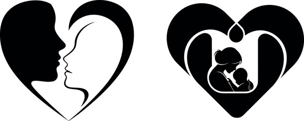 Love and family in heart shape silhouette vector illustration isolated on transparent background