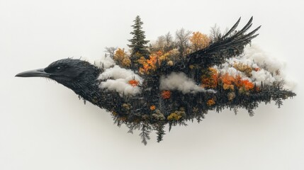 Raven, floating, miniature landscape