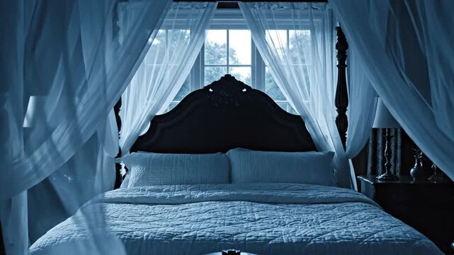 Elegant Four Poster Bed with Sheer Curtains in a Dimly Lit Bedroom.