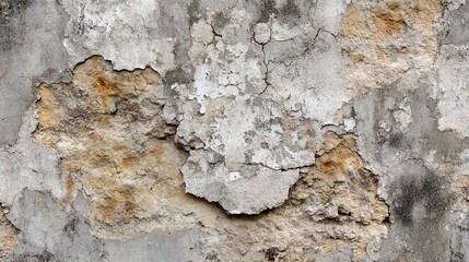 Old stone wall with plaster and mold usable as a background texture or element in design projects for a rustic or aged look with weathered and peeling and growth with close up