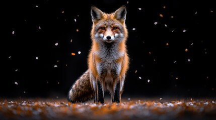 Red fox centered, dark backdrop, falling petals