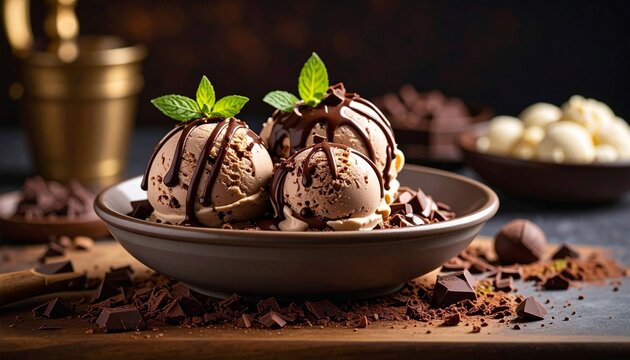 Three scoops of vanilla ice cream drizzled with chocolate sauce, garnished with mint leaves, surrounded by chocolate chunks and shavings, rich textures highlighted in appetizing composition.