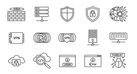 Cybersecurity icons representing various protections and threats