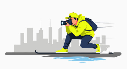 A dynamic vector illustration captures a fast-moving photographer with a camera and backpack, actively documenting urban life against a city skyline.