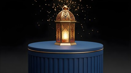Elegant golden lantern on a dark pedestal, sparkling with festive light, creating a serene atmosphere for Ramadan and Islamic holiday celebrations