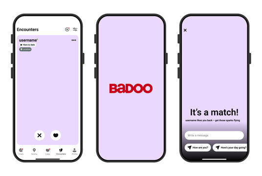 Badoo Dating App Mobile UI Mockup with Swipe Cards and Match Screen
Modern Badoo App Interface Mockup Showing Badoo Encounters and Match Flow