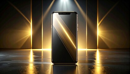 Premium smartphone with glass and titanium body, spotlight lighting, black and gold futuristic background, high-end product advertisement style