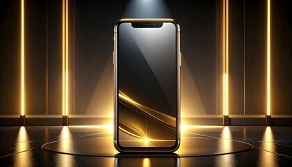 Premium smartphone with glass and titanium body, spotlight lighting, black and gold futuristic background, high-end product advertisement style