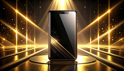 Premium smartphone with glass and titanium body, spotlight lighting, black and gold futuristic background, high-end product advertisement style
