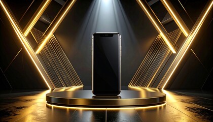 Premium smartphone with glass and titanium body, spotlight lighting, black and gold futuristic background, high-end product advertisement style
