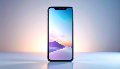 Next-gen smartphone standing upright, soft gradient background, subtle reflections, clean futuristic design, Apple-style product photography