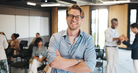 Portrait, conference hall or business man with arms crossed, confident or professional for corporate training. Smile, seminar or speaker with pride for finance knowledge, staff development or meeting