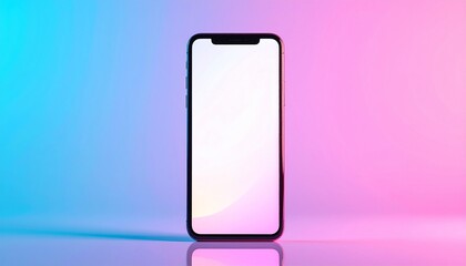 Next-gen smartphone standing upright, soft gradient background, subtle reflections, clean futuristic design, Apple-style product photography