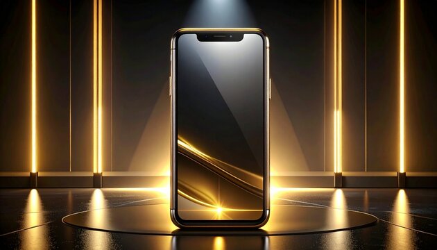 Premium smartphone with glass and titanium body, spotlight lighting, black and gold futuristic background, high-end product advertisement style