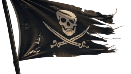 A tattered and worn black pirate flag with a white skull and crossed swords on a dark background