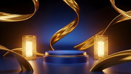 Elegant Ramadan Celebration Podium with Golden Ribbons and Luminous Lanterns for Festive Product Display and Spiritual Occasions