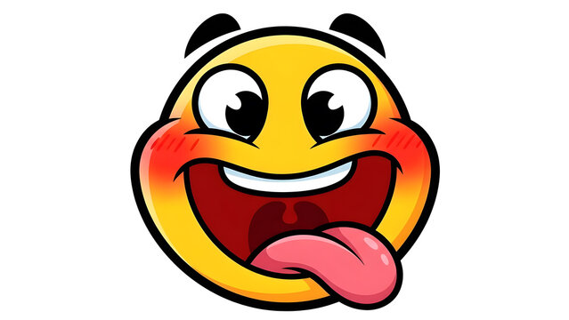 A round yellow emoji character with a big smile and a pink tongue sticking out playfully