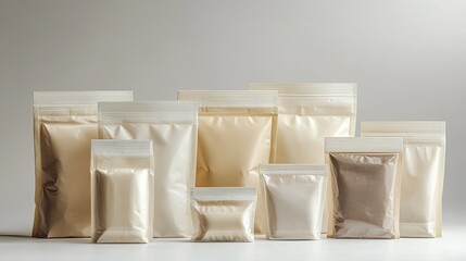 Packaging photo of blank clean pouches showcasing various sizes and styles for product packaging needs on a clean background with white and surface and arranged with collection